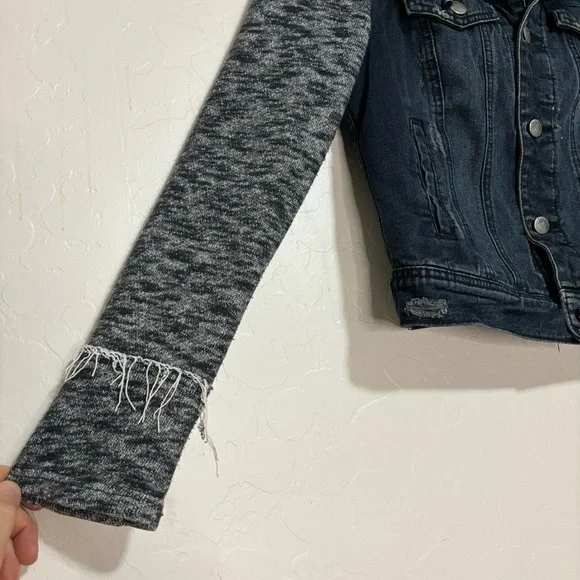 Free People Distressed Denim Jean Knit Sweatshirt Hoodie Jacket size XS - Picture 3 of 13
